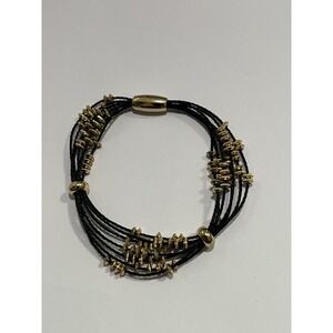 Black Magnetic Bracelet with leather strands and sliding‎ gold beads B Jewelry